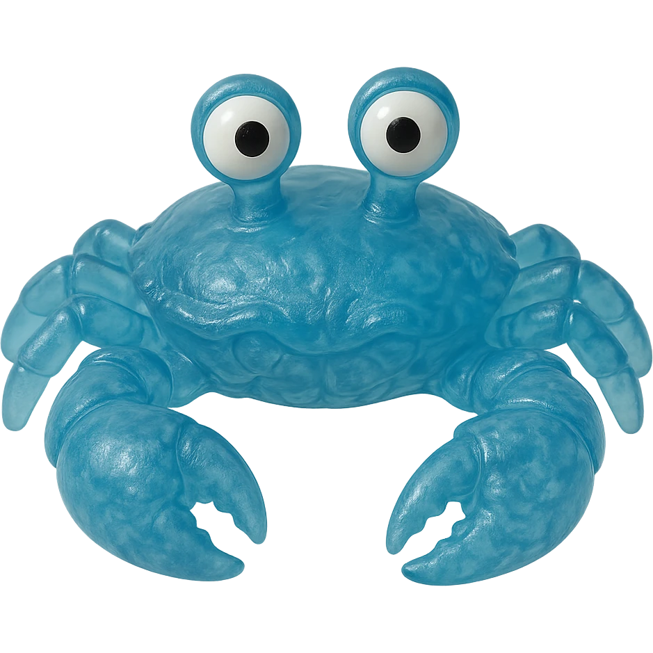 hyper-detailed retro 90's toy style see-through semi-transparent blue plastic crab with derpy eyes soft plastic soft reflections soft and squishy some cloudiness not shiny highly detailed appealing no tag no background emoji