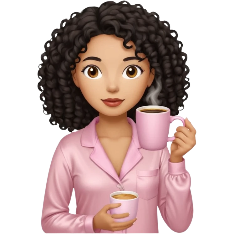 Mixed-race woman with caramel skin and black curly hair, slim thick figure, wearing beige satin pajamas, holding a pastel pink coffee cup, minimal background emoji