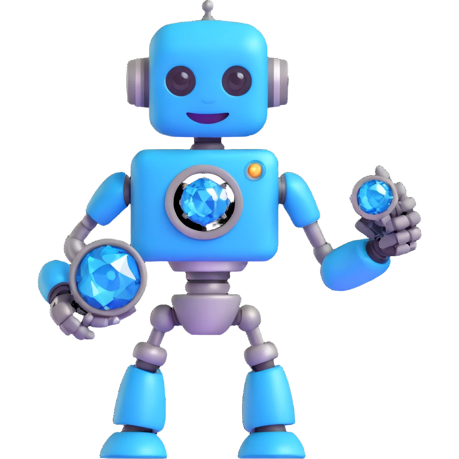 smiling robot holding a blue diamond with a sci-fi background emoji