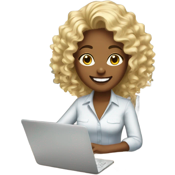 Happy ladies designing her new office with blonde curly hair emoji