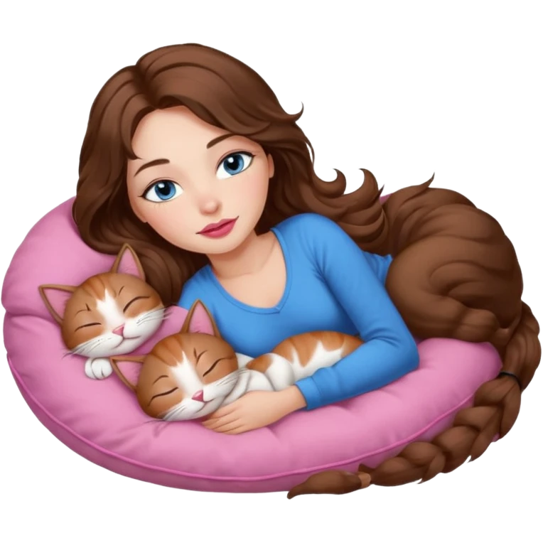 girl with long wavy brown hair, blue eyes, long lashes makeup, sexy pink lips, sleeping on a cozy pillow with 6 cats emoji