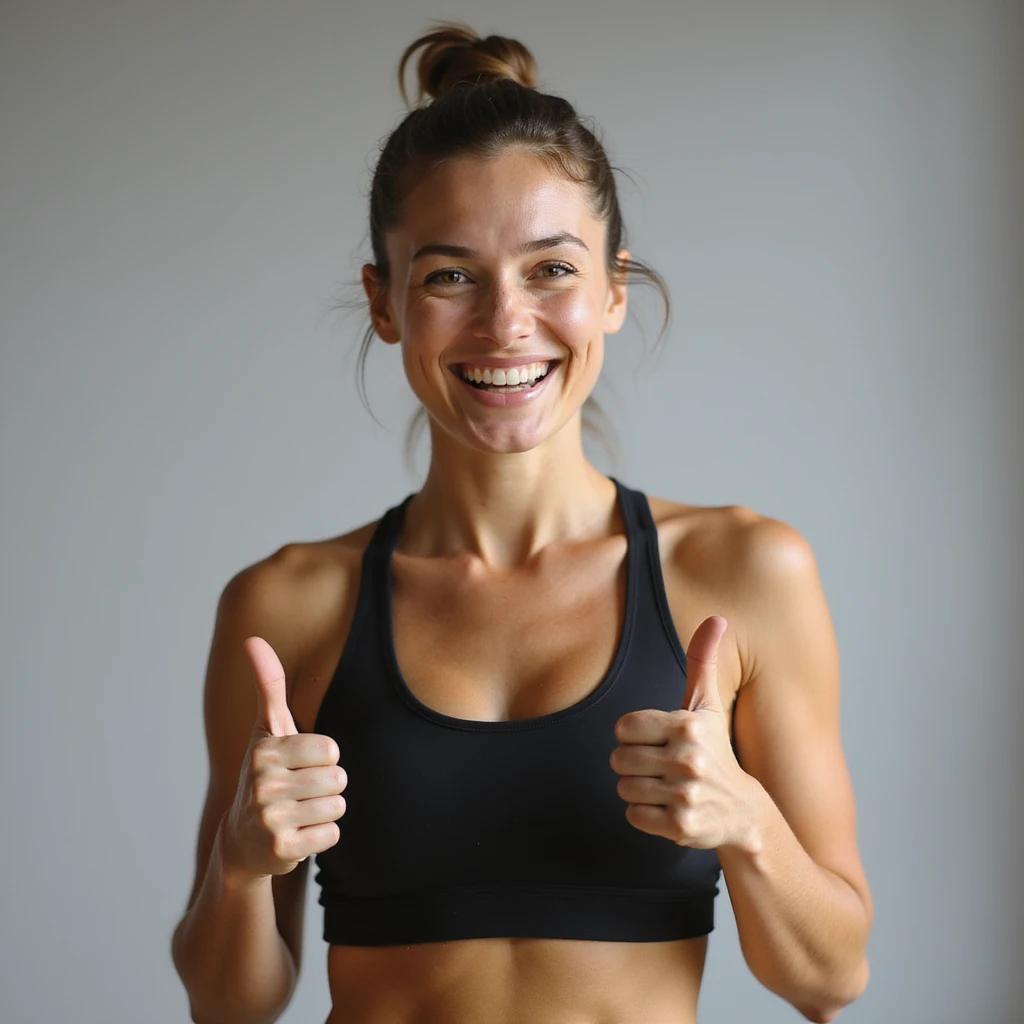 happy athletic toned woman smiling making thumbs up gesture with both hands, hyperrealistic details, 4K, natural light, neutral environment emoji