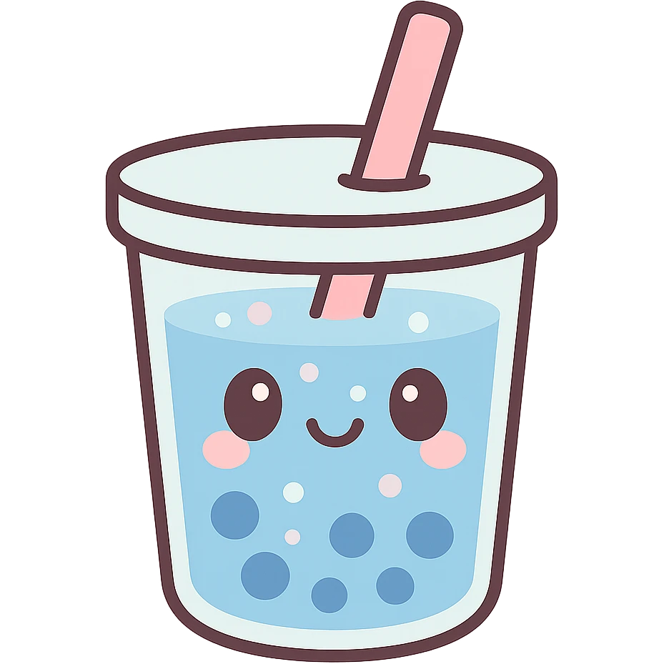 cute blue drink in a cup with a smiling face, bubbles and a straw, kawaii style emoji
