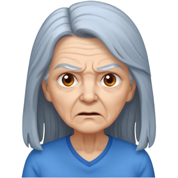 a portrait of angry elderly woman, long hair, wearing shirt emoji