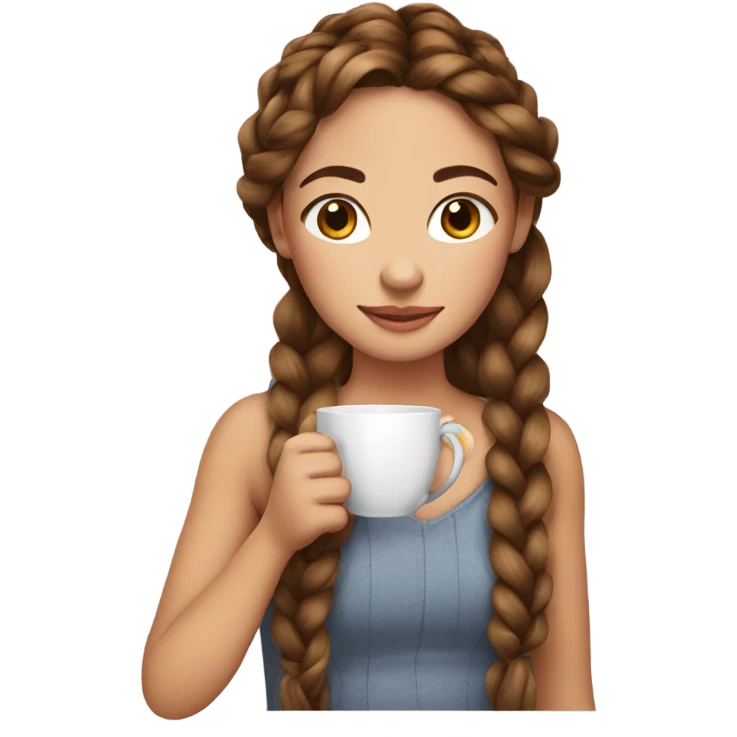 Girl sipping tea with long and brown and soft hair and Her hair is braided. emoji