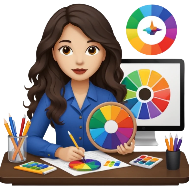 female dark wavy long hair graphic designer , holding color wheel , pens, papers, desktop emoji