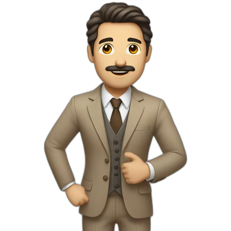 Man with light brown suit, dark hair and small mustache. He holds his arm up in the air emoji