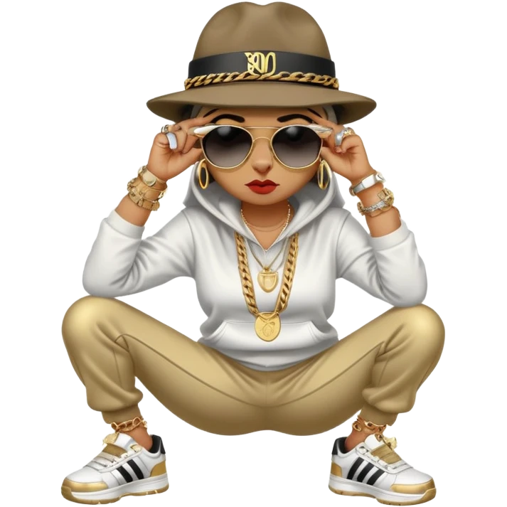 female cat wearing Run DMC hip-hop outfit with tracksuit, fedora, Adidas sneakers, dark sunglasses, many gold chains, rings, bracelets, flashy earrings, fallen down with distressed expression emoji