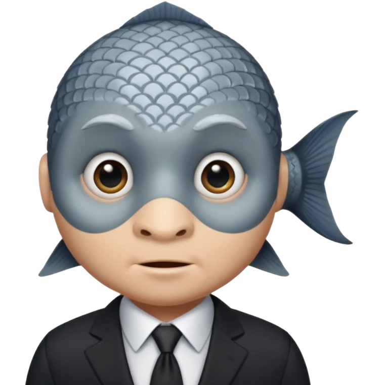 A fish man dressed in a black suit. Its face is grey fish emoji