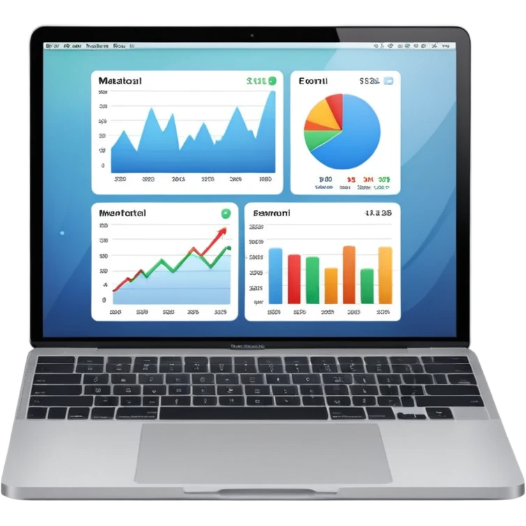 Create a macbook displaying financial charts and analytics dashboards on the screen. emoji