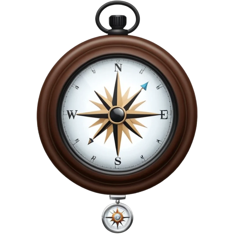Clear glass orb with black compass needle pointing right, suspended by thin brown leather cord, bright white glowing dial face with dark rim emoji