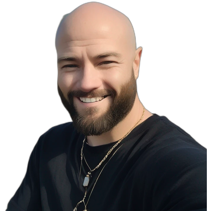 Smiling bald man with necklace. emoji