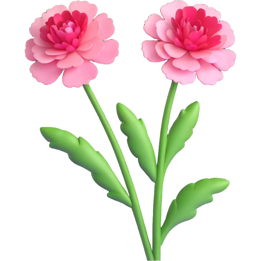 3D emoji-style carnation flower, shiny pink petals, green stem, rounded shapes emoji