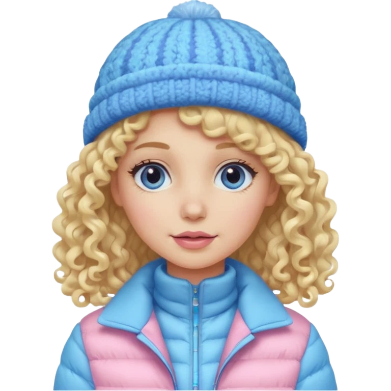 Curly longe blonde hair lady with pink and blue pastel jacket and blue pastel winter hat emoji