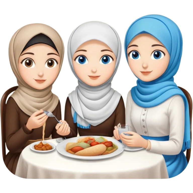 Turkish beautiful finish Konya girls blue eyes with lovely hijab long tail dress and the two friends sits on the chair on the ground and eating the food in the restaurant  emoji