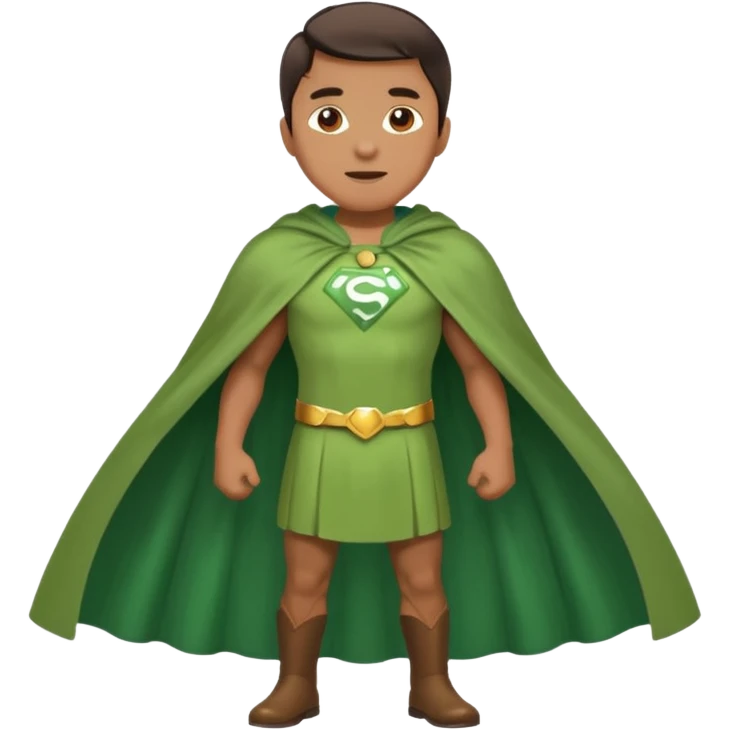 standing up healthy perfect man wearing simple greenish clothes with a cape and pants joyful and healed emoji