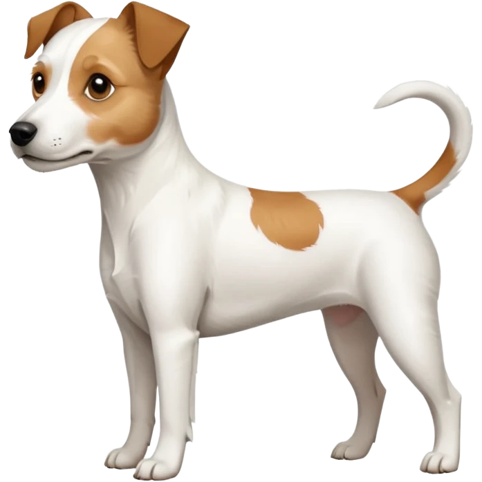 a full body white parson russell looking dog the size of a kelpie with light brown ears and a light brown patch on one eye and a large snout emoji