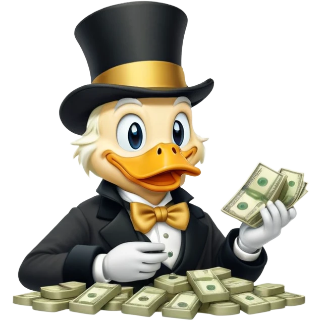 Scrooge McDuck counting money, rich duck character with top hat emoji