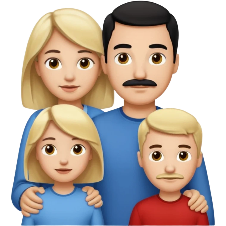 Family of 5: Mom, dad, 2 boys, one girl. Kids have blonde hair. Mom has light brown hair. Dad has black hair with mustache. emoji