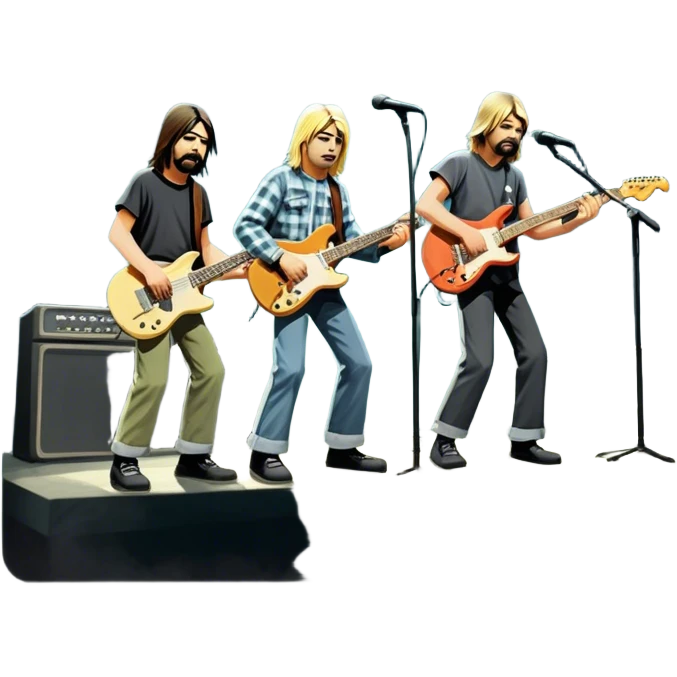 Icon for Rock Music: Nirvana performing on stage with Kurt Cobain on guitar and vocals, Krist Novoselic on bass, and Dave Grohl on drums. A grunge-inspired vibe with dynamic stage lighting and musical energy. Transparent background. emoji