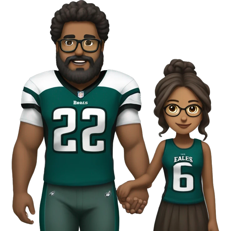 Heavy Brown guy with beard mustache and brown girl with glasses and her hair in a bun in Philadelphia eagles clothes holding hands emoji