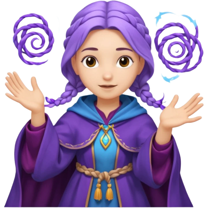 A playful mage girl with braids, purple cloak, and magic swirling around her hands.
 emoji