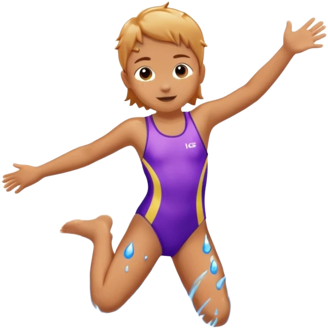 child in swimsuit jumping into water with splashing droplets, summer feeling emoji