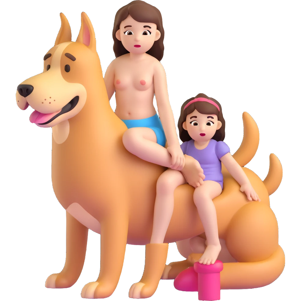 Small little nude girl sitting on huge dog dildo with ahegao on face emoji