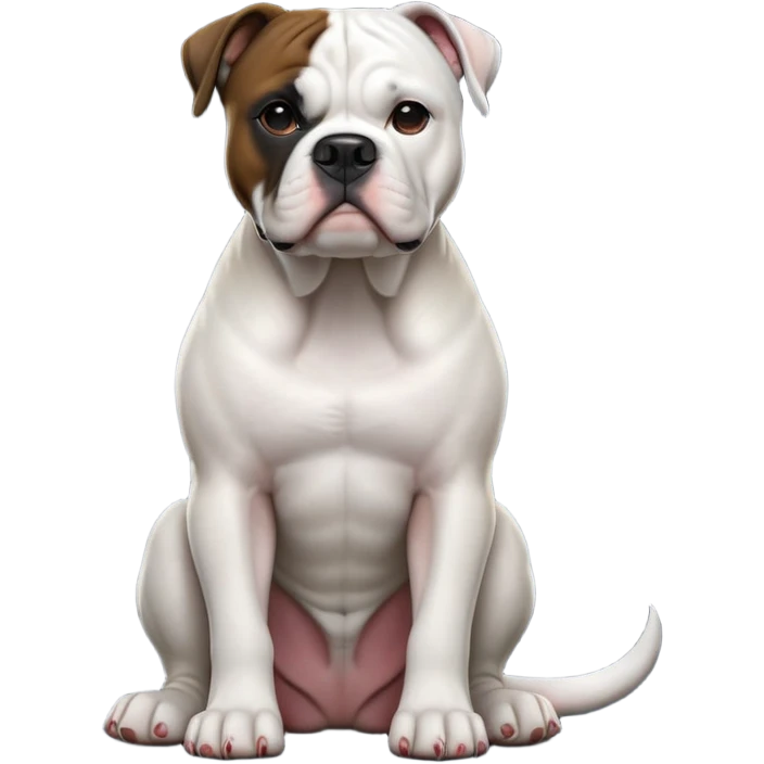 cinematic-[american bulldog]-realistic-full-body-sitting-emoji,-tail-resting-loosely-beside-its-paws,-head-tilted-dramatically,-sleek-[pied black]-fur,-simplified-yet-realistic-focused-features,-highly-detailed,-glowing-with-an-almost-sarcastic-glow emoji
