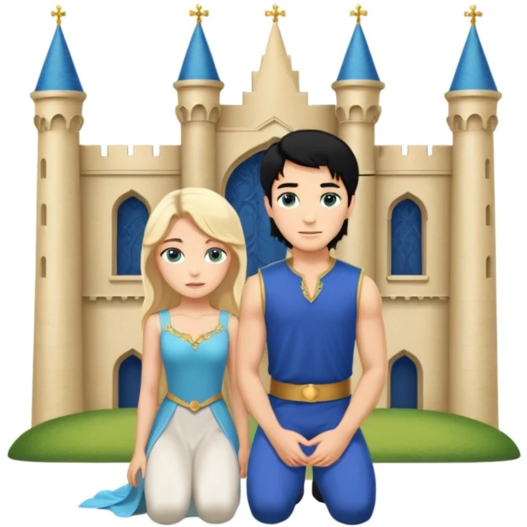 Man as prince, upright, black Hair, blue eyes, woman, blonde, green eyes, shott white sleveless Dress, kneeling, background palace emoji