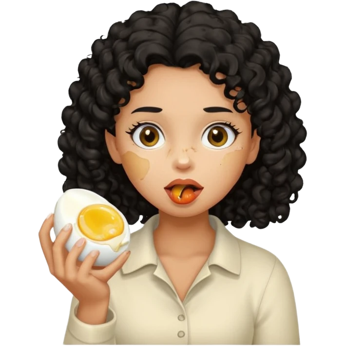 Girl with black curly hair eating boiling egg emoji