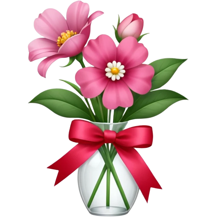 One pink flower and one white flower in transparent bouquet with red band  emoji