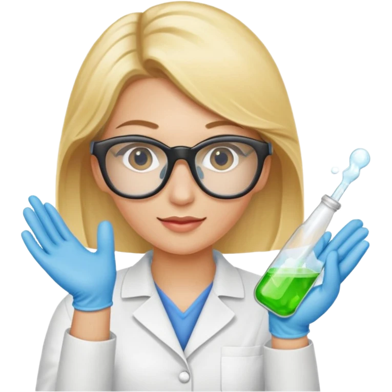 Eine hellblonde Chemikerin mit Kittel, Handschuhen, großer Labor-Sicherheitsbrille und typischem Erlmeyerkolben in der Hand emoji