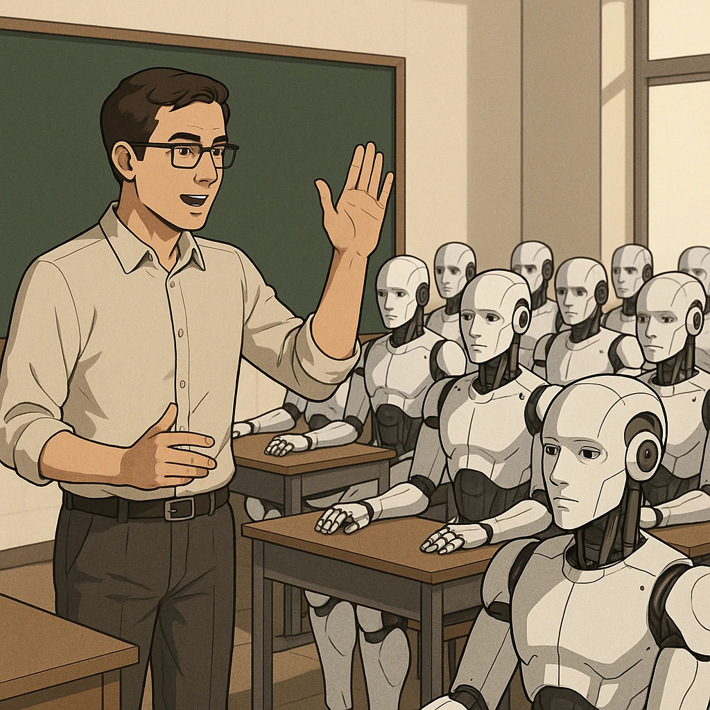 A human teacher standing in front of a classroom of androids, raising a hand to explain a concept emoji