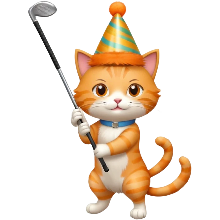 cat swinging a golf club with a birthday hat emoji
