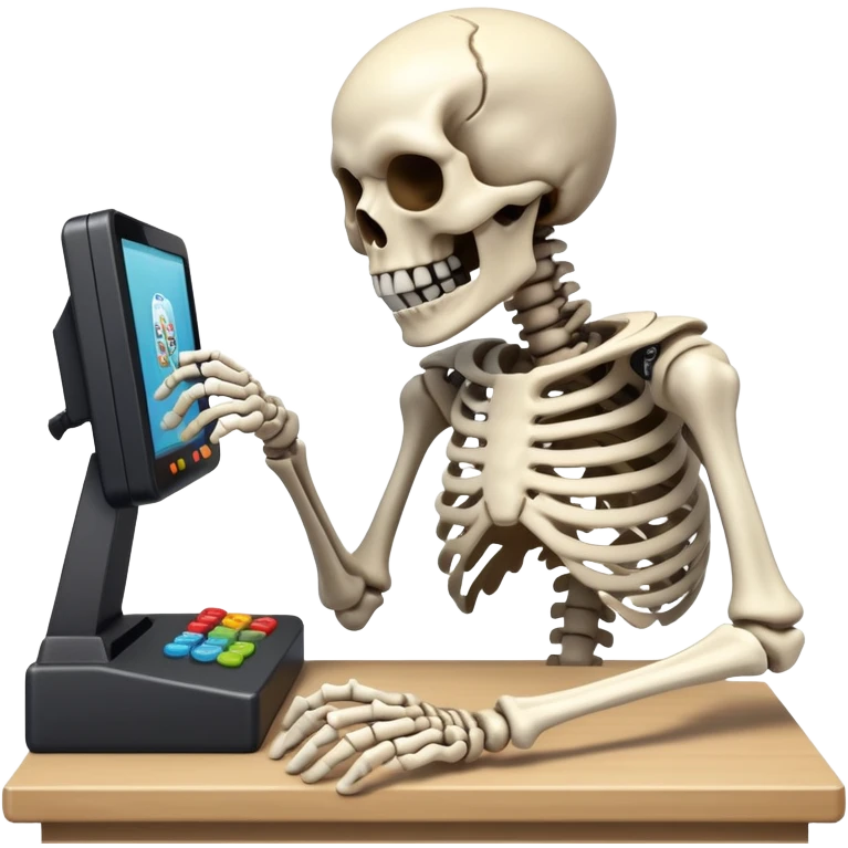 Skeleton at his computer, raging at a video game and slamming his head into his desk emoji