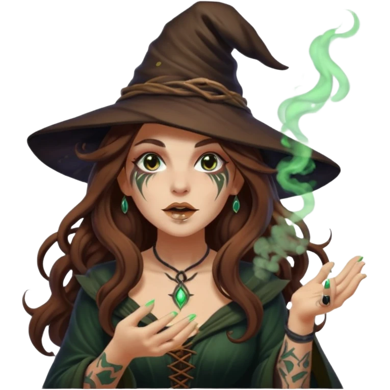 forest witch woman long wavy brown hair tattoos blowing glowing powder toward viewer emoji