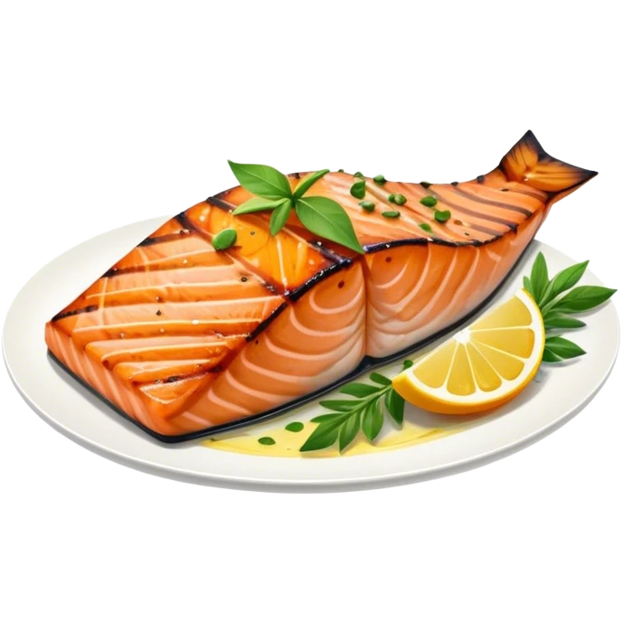 Cinematic perfectly grilled salmon, rich orange hues with crispy skin, garnished with fresh herbs, drizzled with lemon, ultra-detailed and delicious. emoji