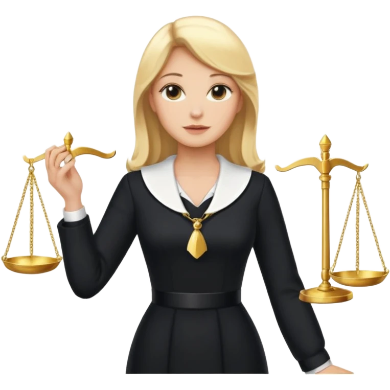 woman lawyer blanche et blonde habillée avec une longue robe noire et un col blanc, avec la balance de la justice derrière elle emoji