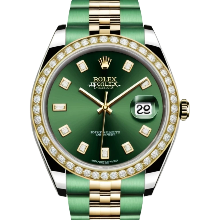 A imagem mostra um Rolex Datejust "Iced Out", totalmente coberto por diamantes na caixa, luneta e pulseira Jubilee. O mostrador também é cravejado (estilo pavé), apresentando algarismos romanos pretos e a lente de data Cyclops. O relógio é exibido em sua caixa oficial verde e bege. emoji