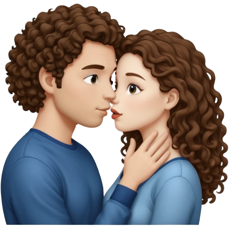 Couple kissing, the man would be white-skinned, curly-haired, brown. The serious woman with white skin, long hair and brown color  emoji