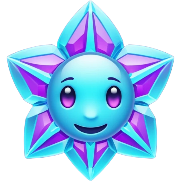 Futuristic glowing ice crystal emoji, icy neon cyan highlights, purple neon accents, dark background, digital tech style, no face. emoji