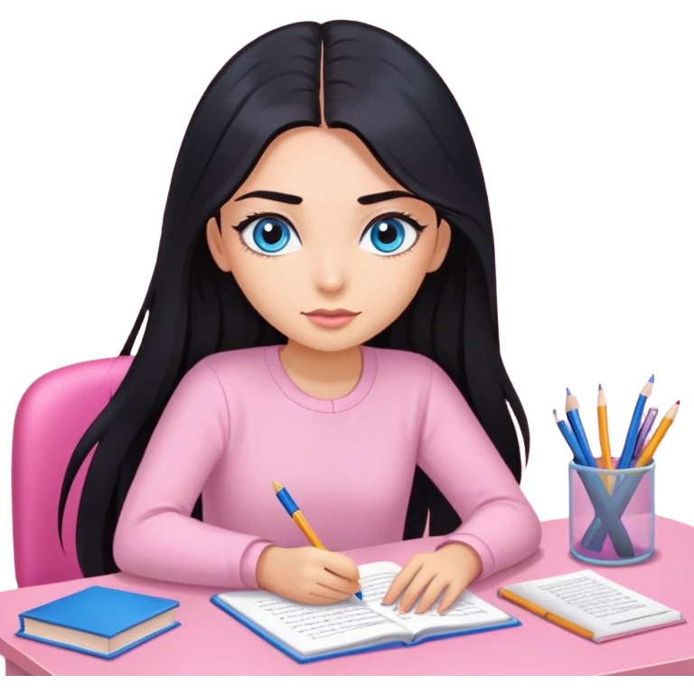 Girl with long black hair, blue sharp eyes, eyelashes, studying on a pink desk emoji