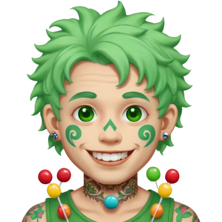 very colorful puffy green haired man made out of candy  and excessive face tattoos and excessive piercing just face  emoji
