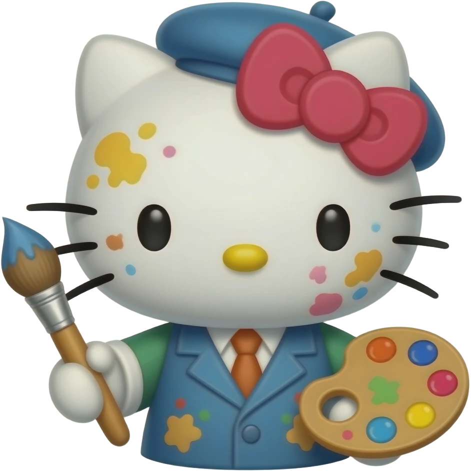 hello kitty representada como el pintor vangogh, con boina, pincel y toda manchada de pintura pincel emoji