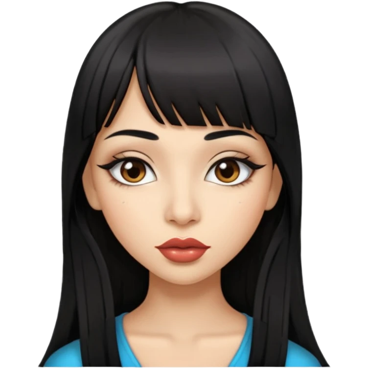 Indian girl with straight long hair and a fringe, big lips, slightly slanted eyes, winged eye liner emoji
