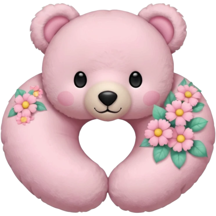 soft pink teddy bear, floral neck pillow with pastel flowers emoji