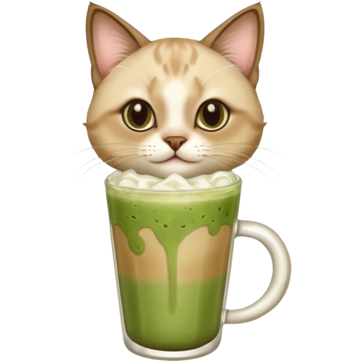 Happy Siamese Cat holding in its front two paws an iced matcha latte emoji
