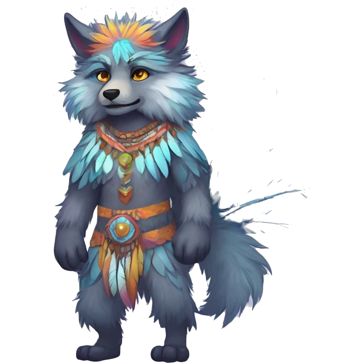 Anthro Fluffy Colorful Shy Spiritual Shamanic WereWolf-sona With Shiny Tribal Markings wearing feathers Full Body emoji