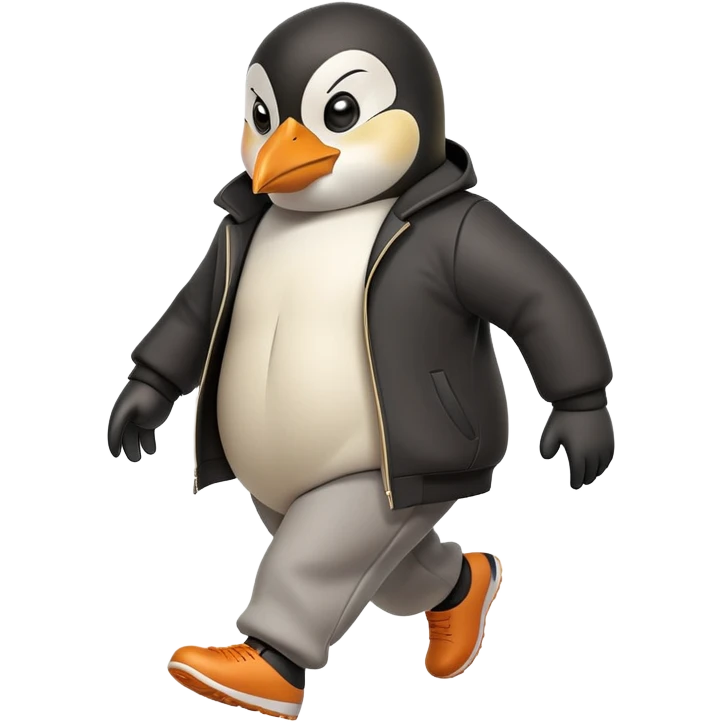 friendly anthropomorphised penguin wearing a mafia-style tracksuit, angry expression, tense hurried stride emoji